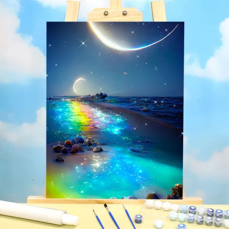 Peinture par Numéros Fantaisie - Rivage Lunaire Arc-en-Ciel Cosmique