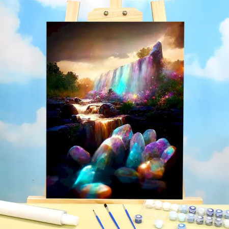 Peinture au Numéro Féerique "Cascade de Cristal Arc-en-Ciel" - Kit Tableau Magique à Réaliser