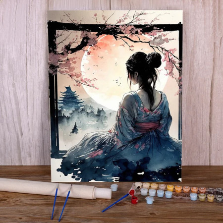 Peinture par Numéro - Portrait Féminin Japonais Lune - Tableau Numéroté