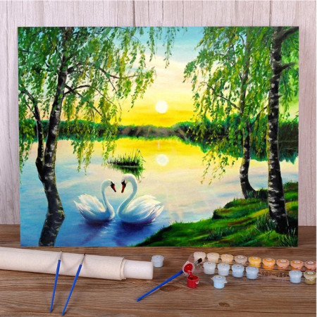 Tableau Peinture par Numéros Paysage | Coucher de Soleil sur Lac avec Cygnes Amoureux