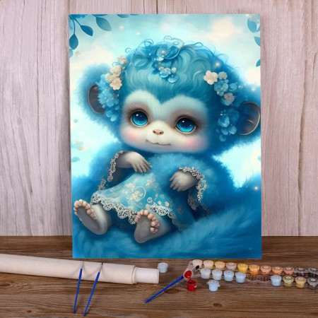 Peinture par Numéros Adorable Bébé Singe Bleu Couronne Florale Nuages Douceur