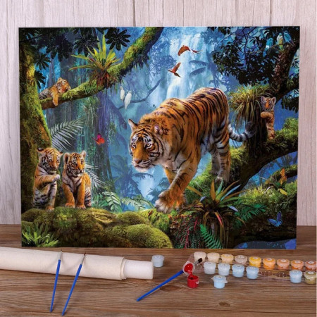 Tigres Jungle Nocturne Peinture Numéros Famille Fauves Mystère Végétal