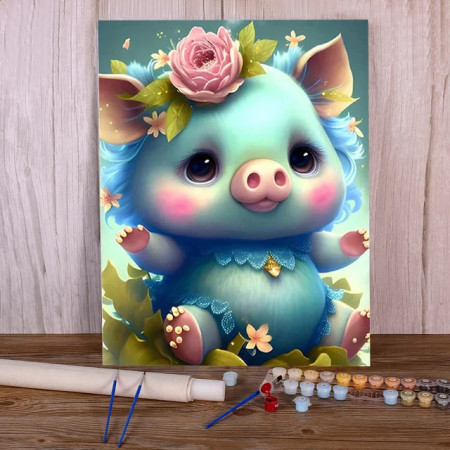 Cochon bleu féerique fleurs - Peinture par numéro magique