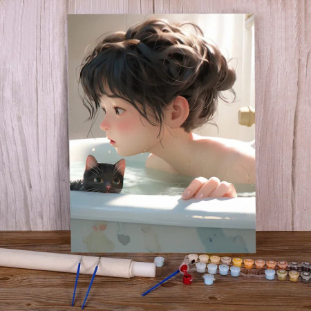 Enfant au bain avec chaton - Peinture par numéro intimiste