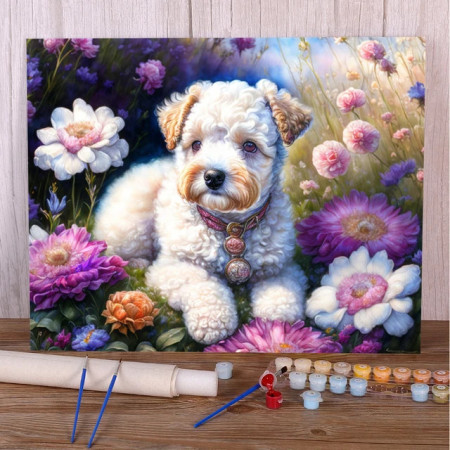 Chien jardin fleuri - Peinture par numéro bucolique nature