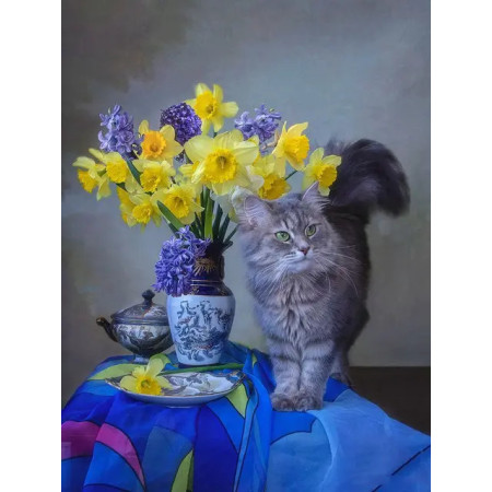 Peinture par Numéro Chat Persan Curieux et Bouquet de Printemps | Kit DIY Joyeux et Ludique