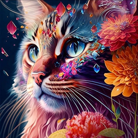 Peinture par Numéro Chat Fleurs Colorées - Tableau Félin Éblouissant