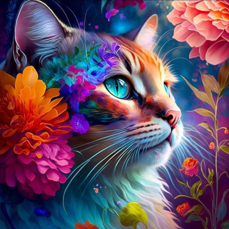 Peinture Numéro Chat Fleuri Enchanteur - Tableau Félin Onirique