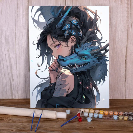 Kit Peinture par Numéros Femme et Dragon Mythique Bleu