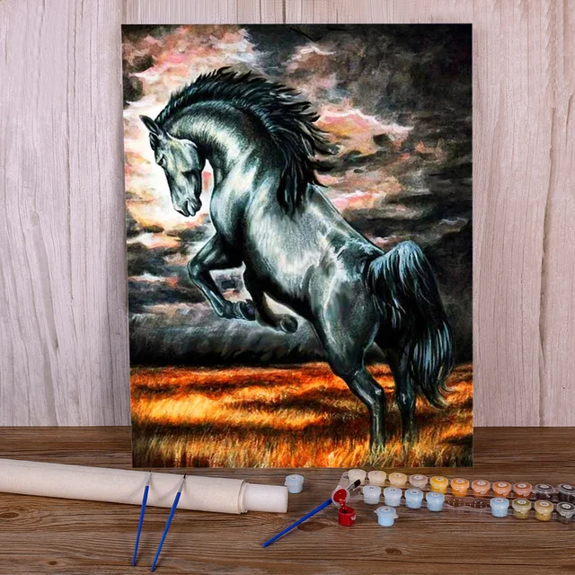 Peinture par Numéros Cheval Noir Sauvage Flamboyant