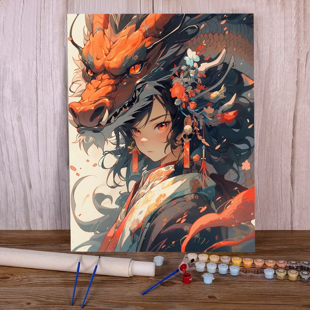 Kit Peinture par Numéros Femme et Dragon de Feu Majestueux