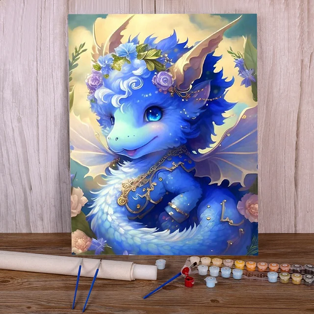 Peinture par Numéros Bébé Dragon Bleu Elfique Créature Fantastique Féerique