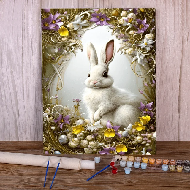 Peinture par Numéros Lapin Blanc Entourage Fleuri Couronne Végétale Printemps