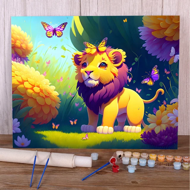 Peinture par Numéros Lion Mignon Papillons Prairie Fleurie Fantaisie Naïve