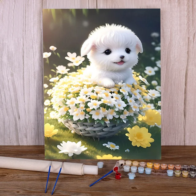 Peinture par numéro chiot fleurs jardin printemps mignon