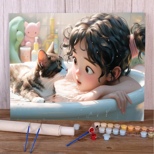 Peinture par numéro enfant bain bulle chat compagnon détente