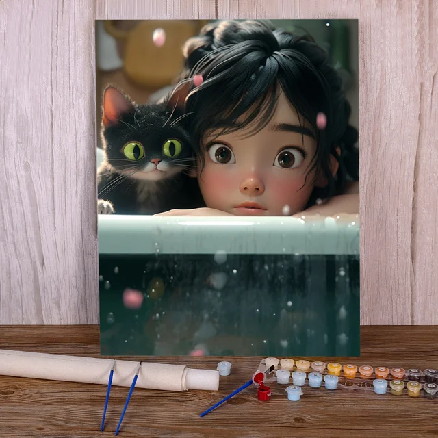 Peinture par numéro enfant chat compagnons neige hiver