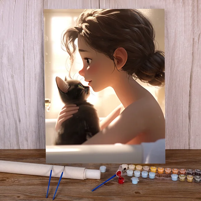 Peinture par numéro fille avec chaton lumière soleil