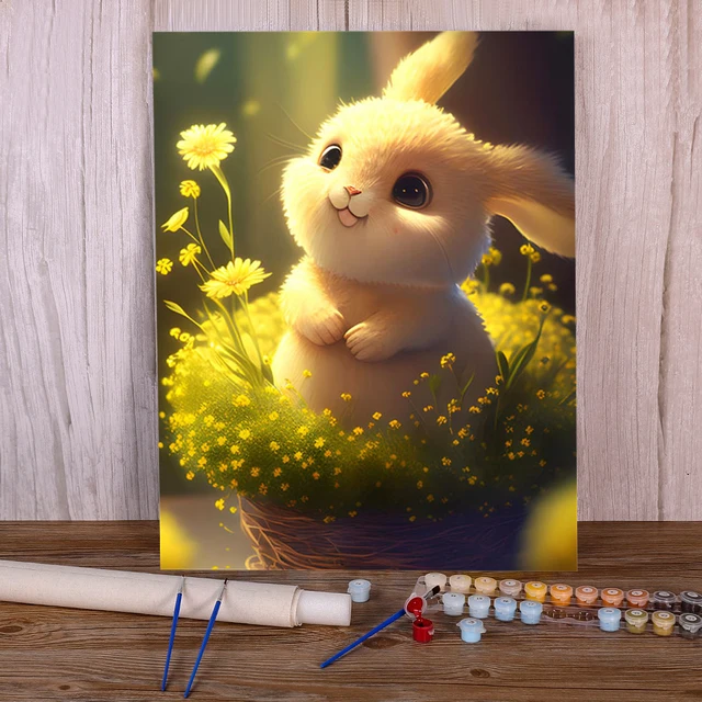 Peinture par numéro lapin printemps dans champ pissenlits