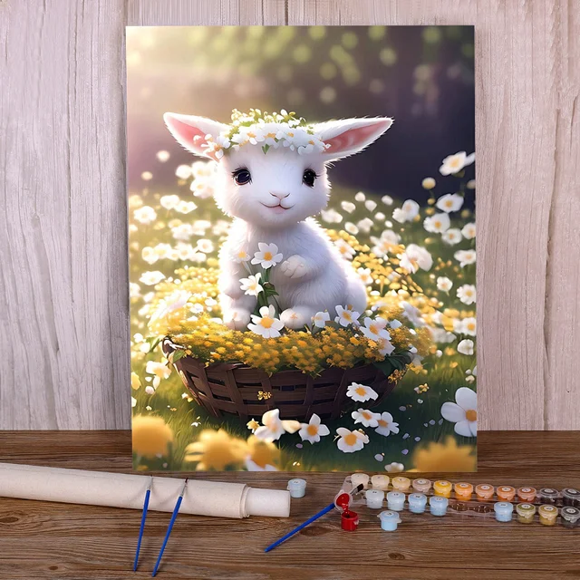 Peinture par numéro lapin printemps fleurs panier nature