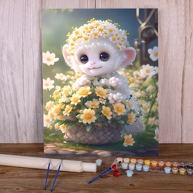 Peinture par numéro petit singe fleurs printemps mignon