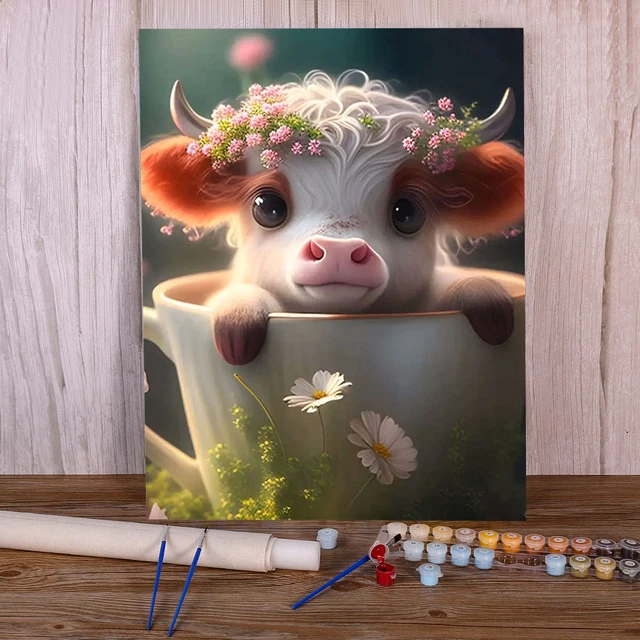 Peinture par numéro vache fleurs couronne printemps adorable