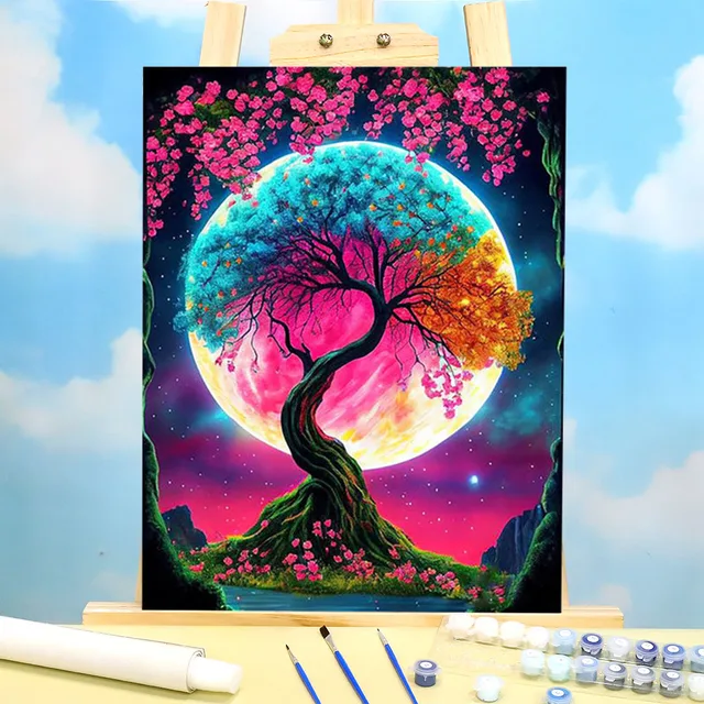 Peinture au Numéro Onirique "Arbre de Vie sous Lune Arc-en-Ciel"