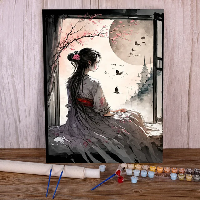 Peinture par Numéro - Geisha Contemplant la Lune