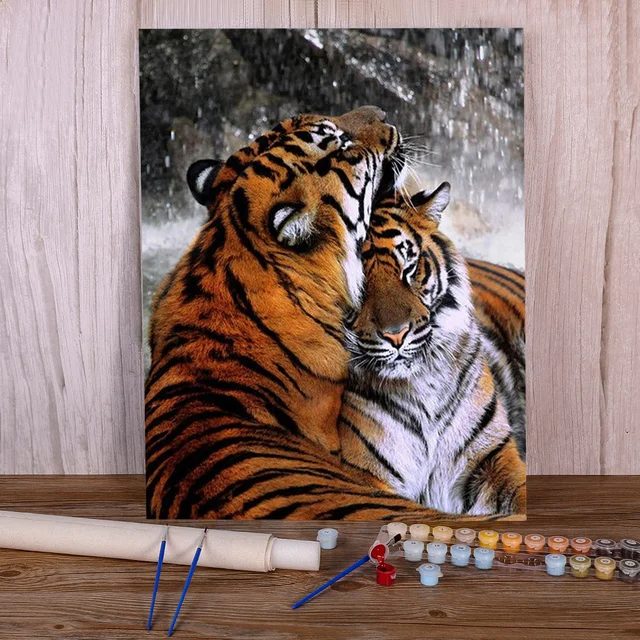 Peinture Numéros Tigres Câlins Scène Tendresse Familiale Animaux Sauvages