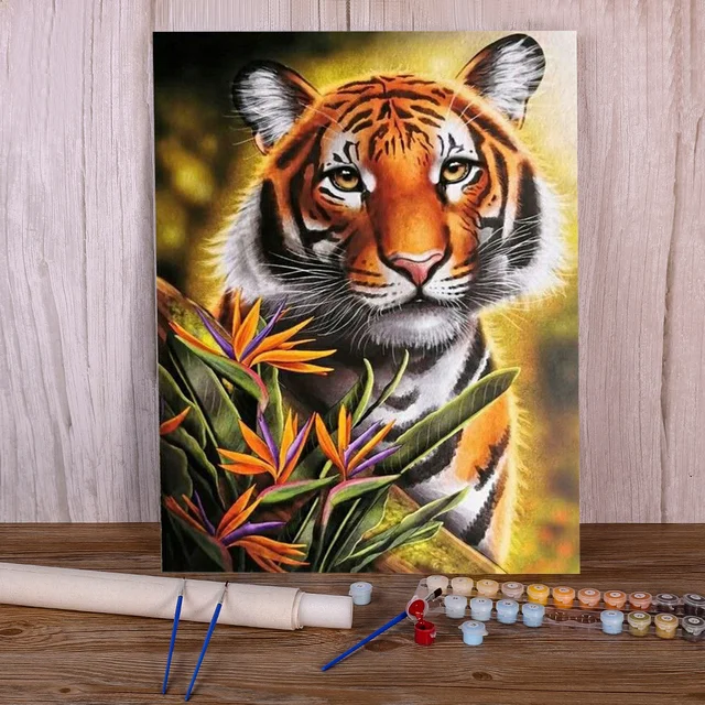 Tigre au Paradis Peinture Numéros Portrait Félin Tropical Somptueux