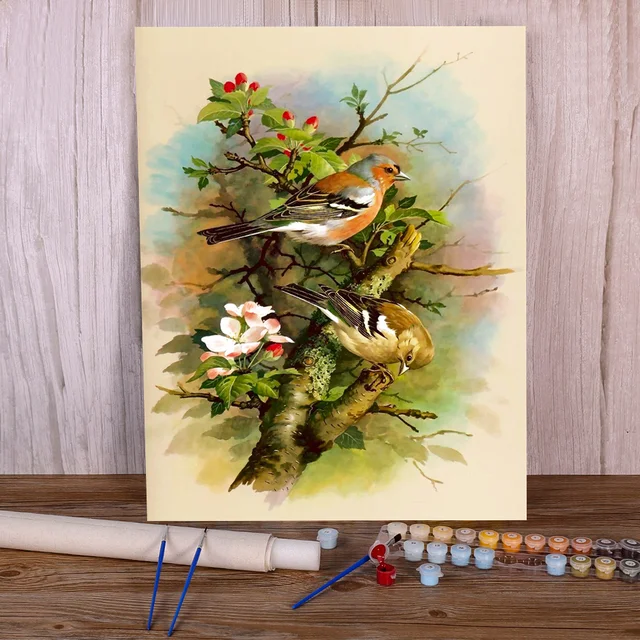 Peinture par Numéros Oiseaux - Chardonnerets sur Branche Fleurie