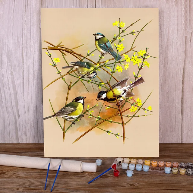 Peinture par Numéros Oiseaux - Mésanges dans les Buissons Fleuris