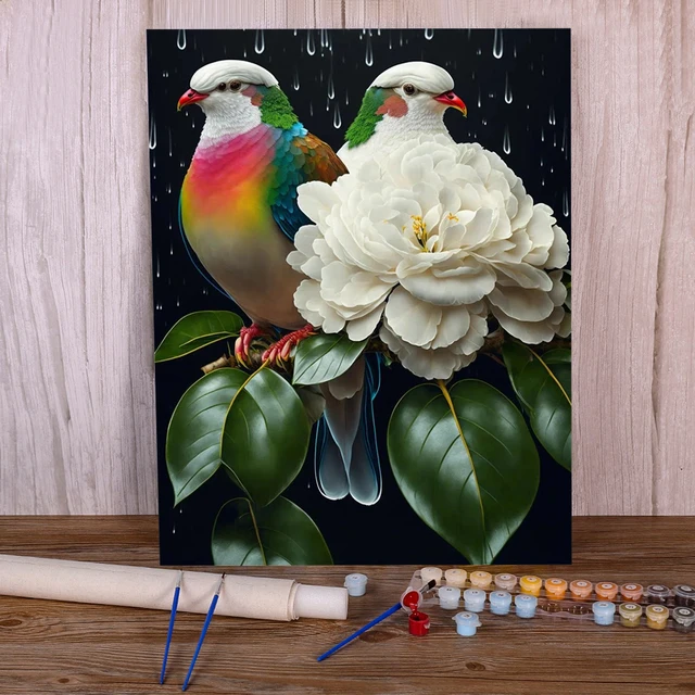 Peinture par Numéros Oiseaux Multicolores et Pivoine Blanche